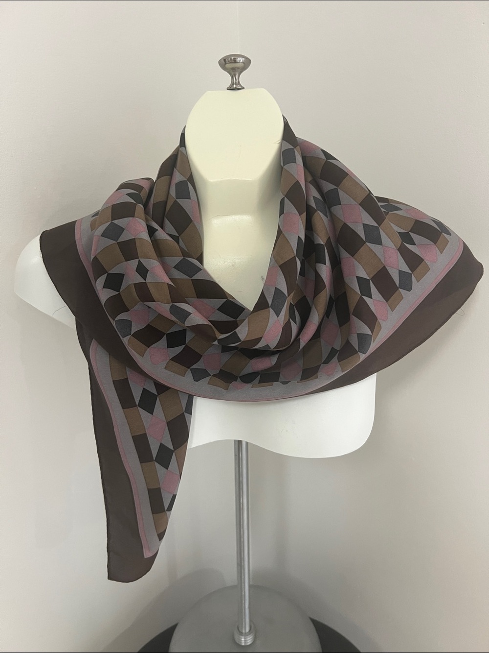 Silk Vintage Anne Klein Brown Pink Square Scarf